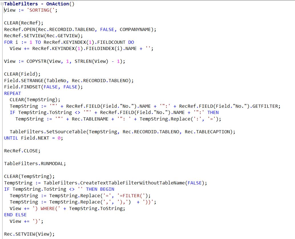 TableFilters Code