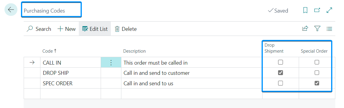 Purchasing Codes configuration table in Business Central
