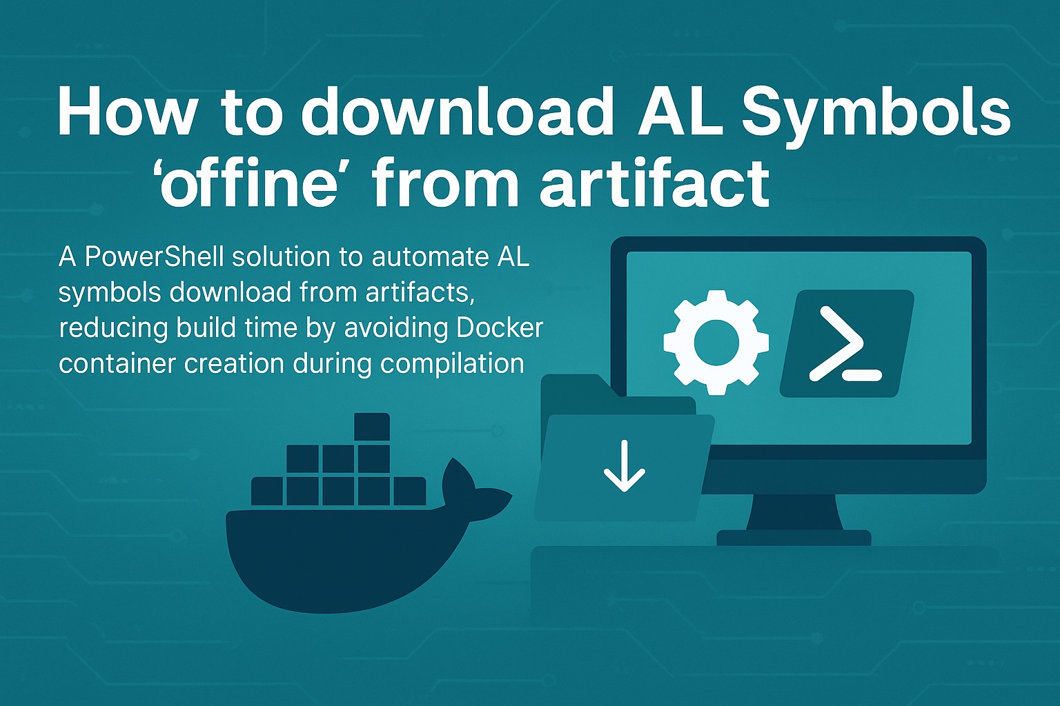 PowerShell script automation workflow showing AL symbols download from Business Central artifacts with icons representing code compilation and Docker containers