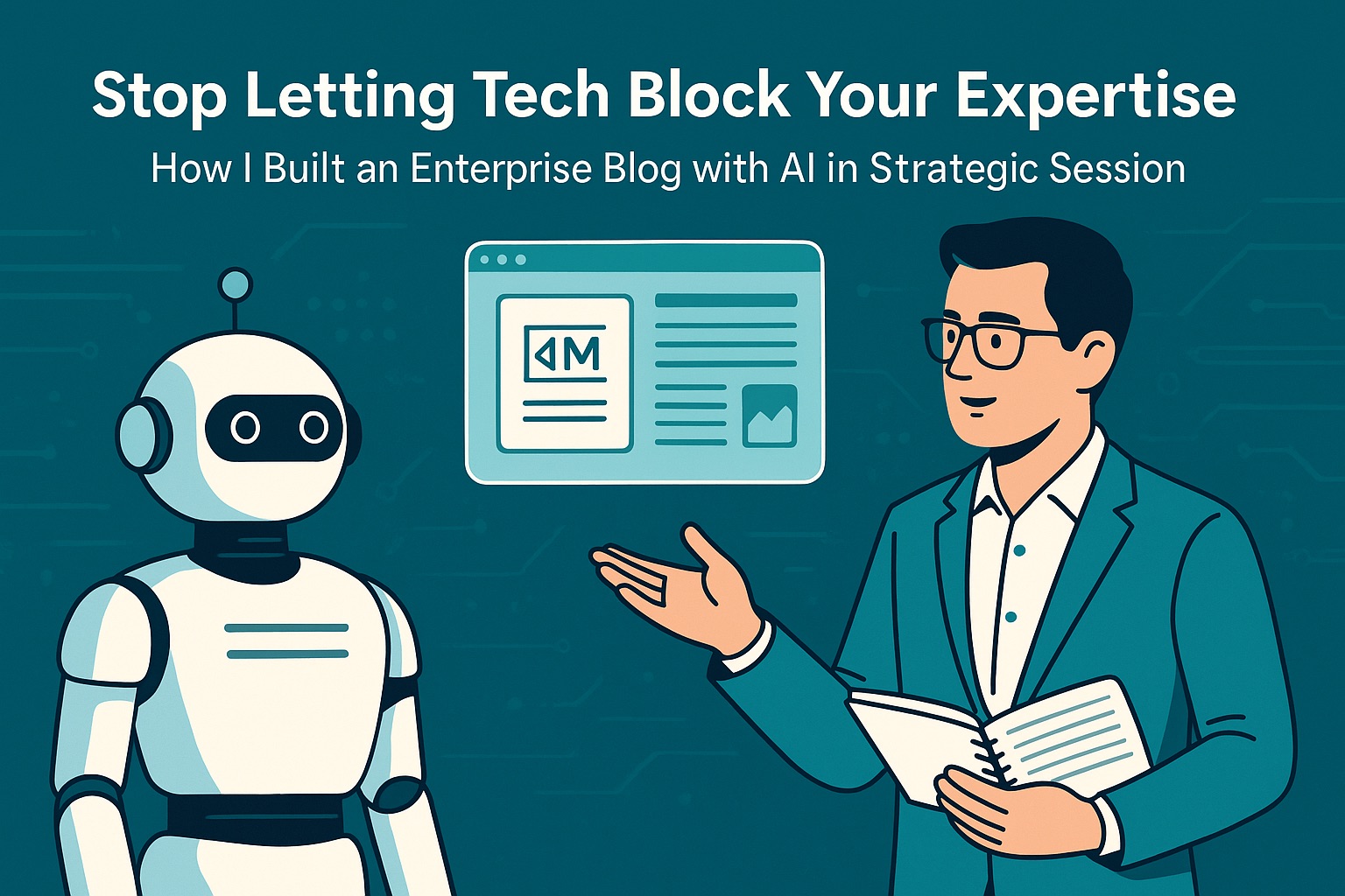 Expert professional breaking free from tangled technical barriers to share knowledge through clean, streamlined digital platform