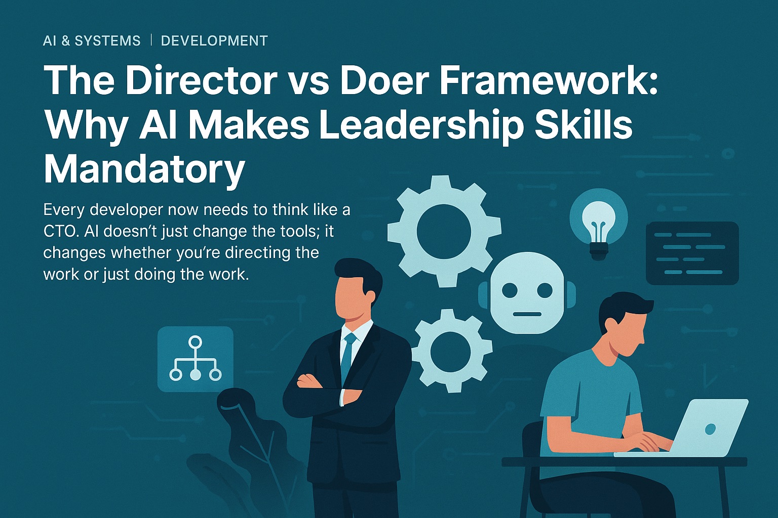 Abstract visualization showing the contrast between directive leadership and task execution in AI-assisted development