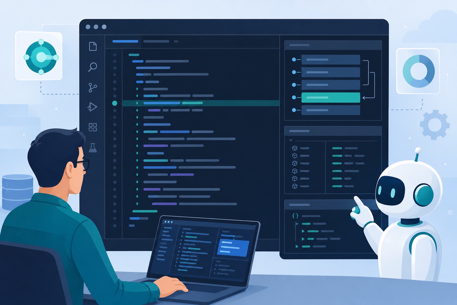Abstract illustration of an AI agent inspecting a call stack during a live debugging session